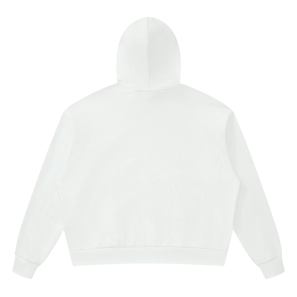 White oversized pullover hoodie with hood, back view