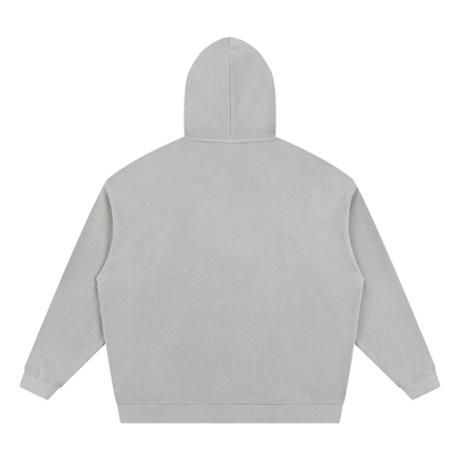 Unisex pullover hoodie, oatmeal gray back view with hood and kangaroo pocket