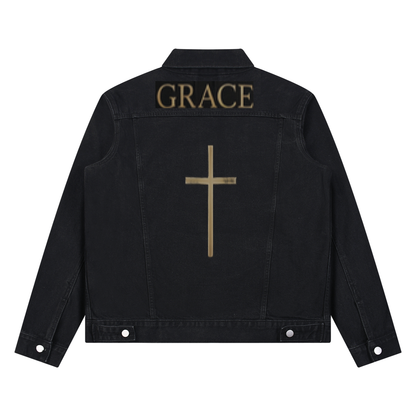 Black denim jacket back graphic with GRACE text and gold cross, button front