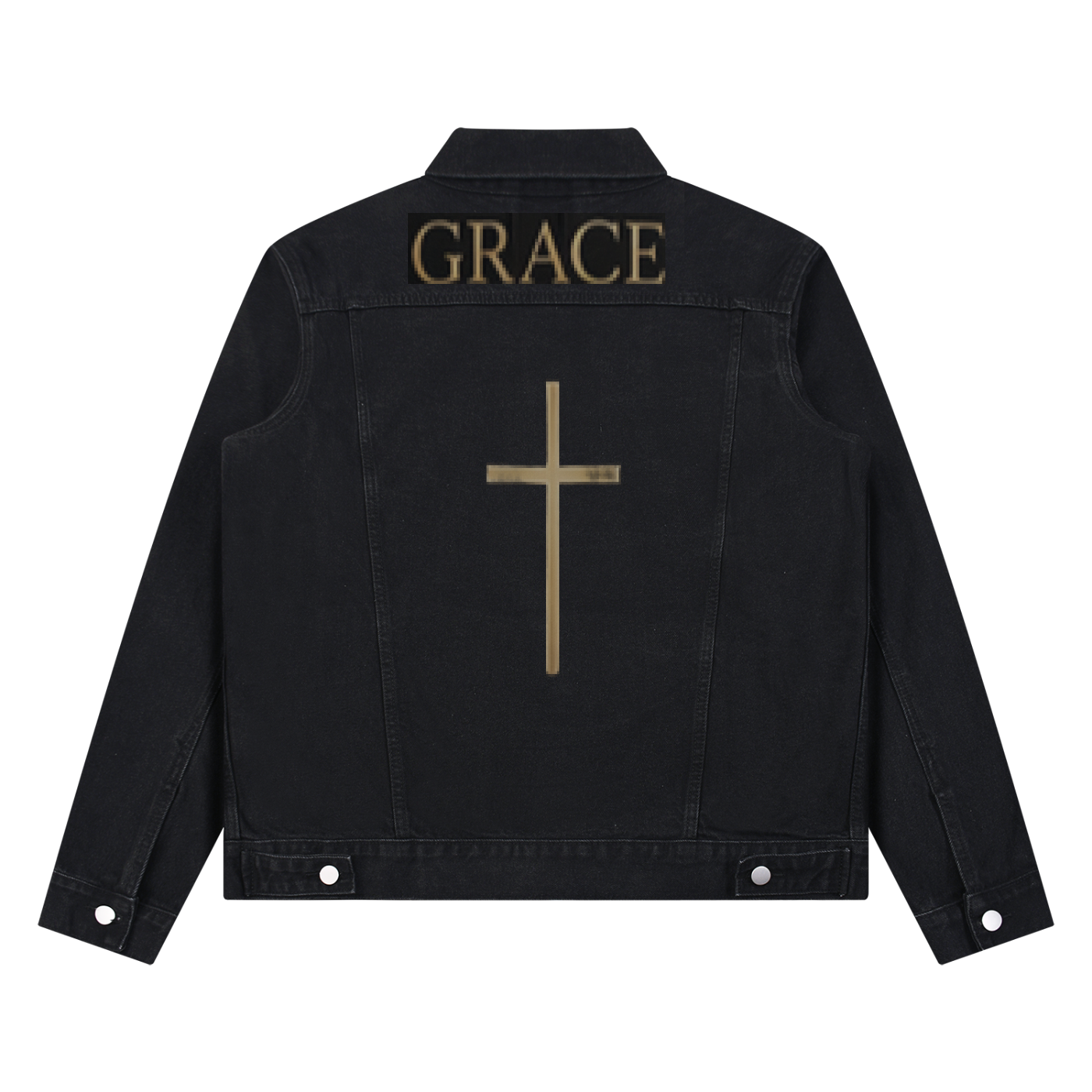 Black unisex denim jacket with back 'GRACE' text and centered cross graphic