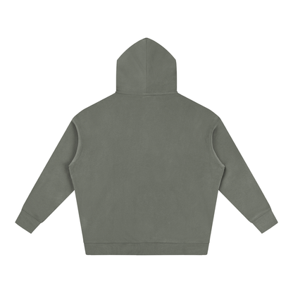 Oversize hoodie in gray green, back view with hood and kangaroo pocket