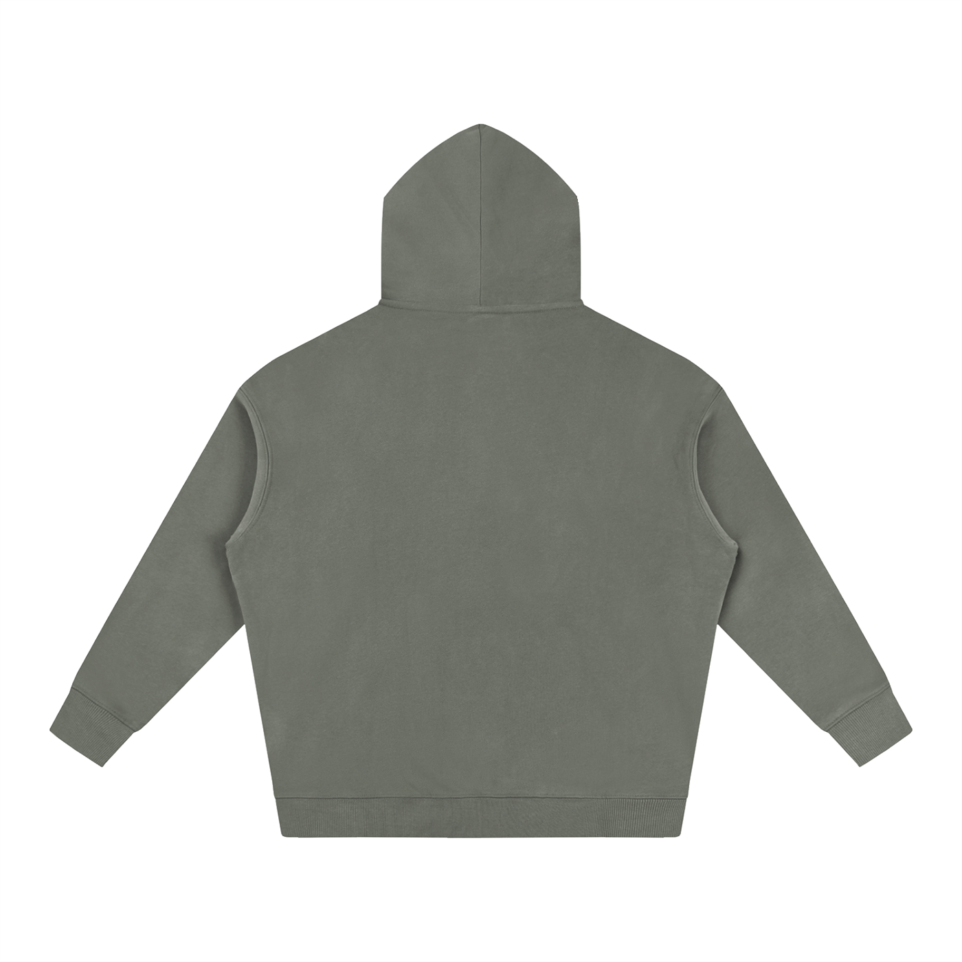 Oversized fleece pullover hoodie in gray, back view with hood