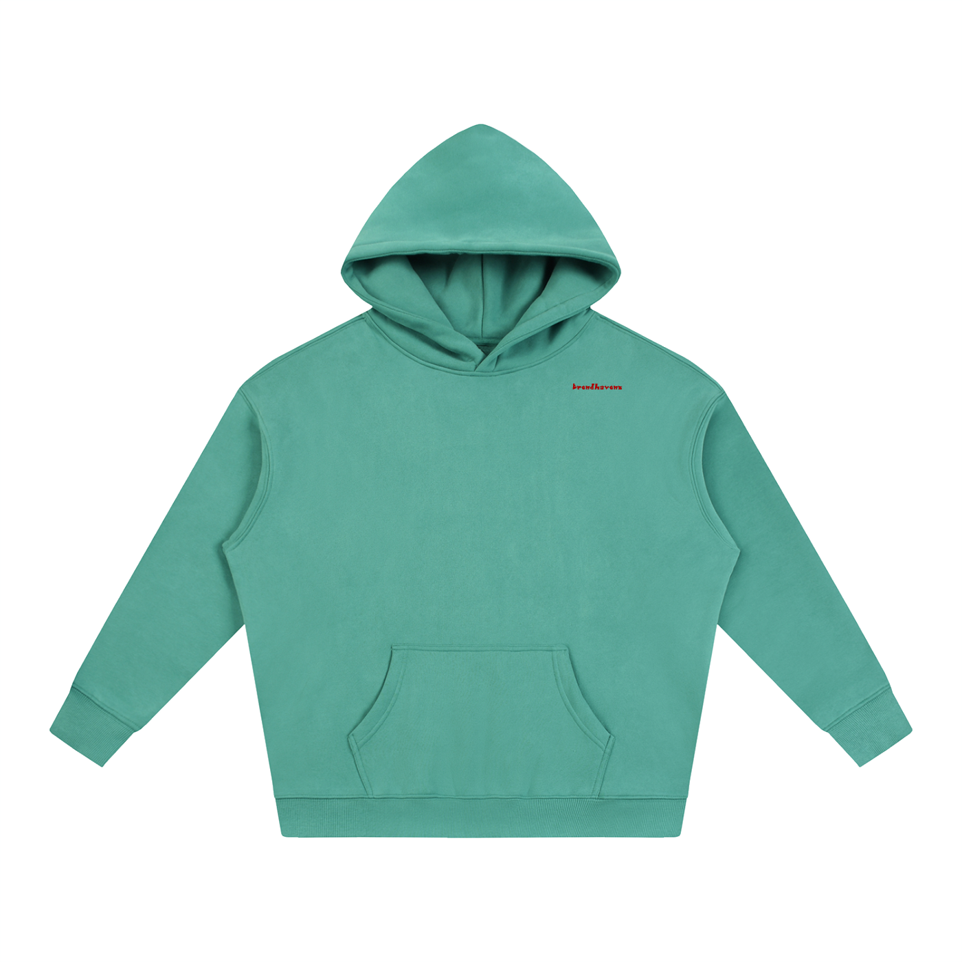 Oversize fleeced hoodie, green with hood and kangaroo pocket; small chest logo