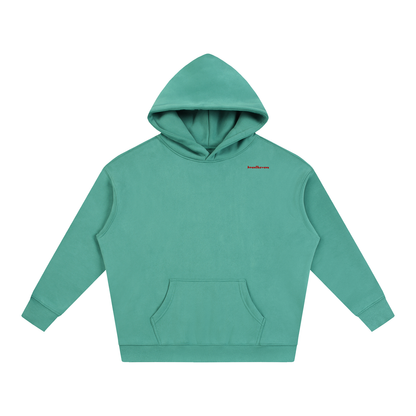 Oversize fleeced hoodie, green with hood and kangaroo pocket; small chest logo