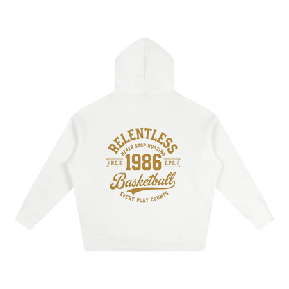Oversized fleece hoodie, white, back basketball graphic, hood and kangaroo pocket