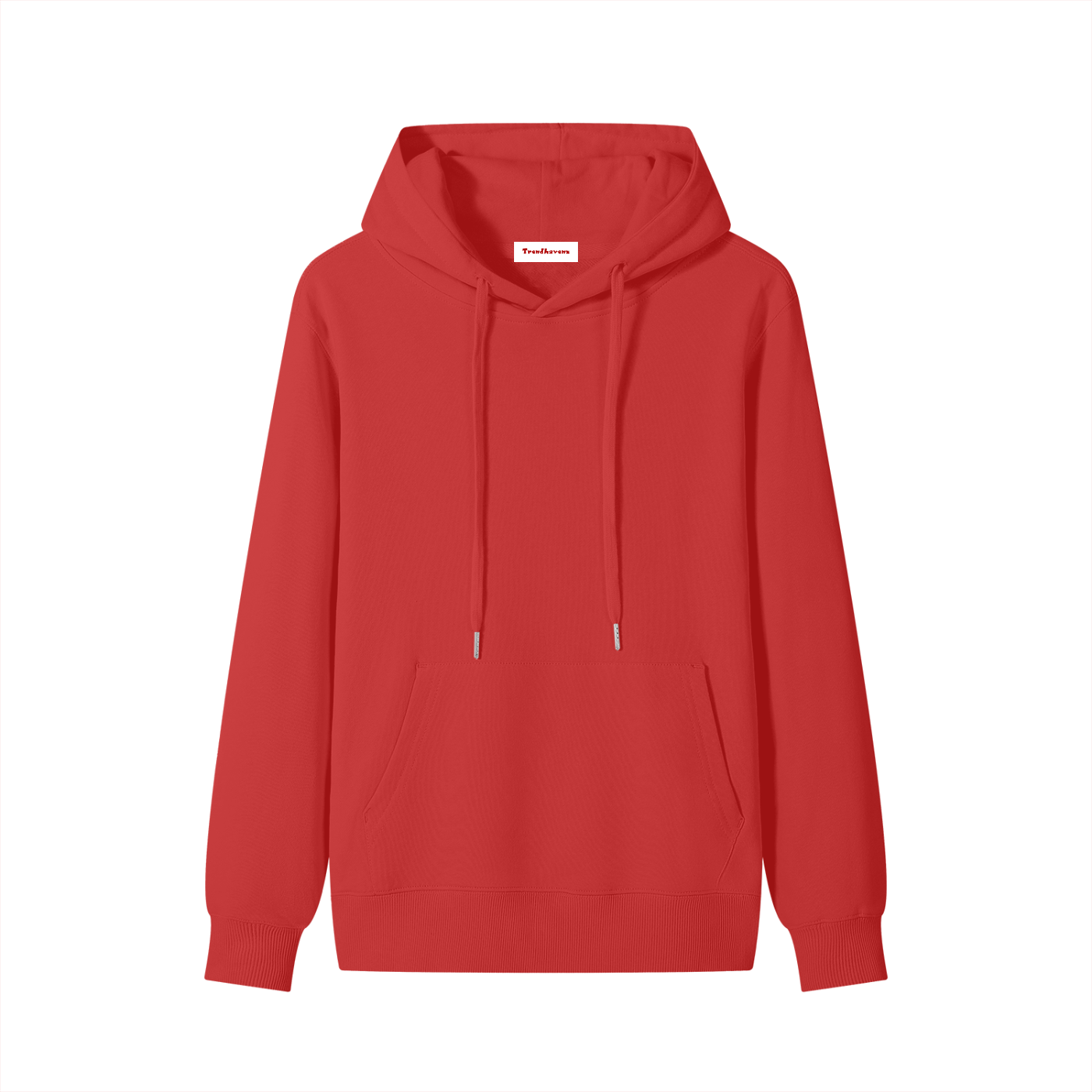 Red cotton pullover hoodie with hood, drawstrings, and front kangaroo pocket.
