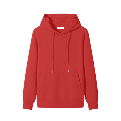 Red cotton pullover hoodie with hood, drawstrings, and front kangaroo pocket.