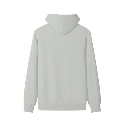 White cotton pullover hoodie, back view with hood and relaxed fit.