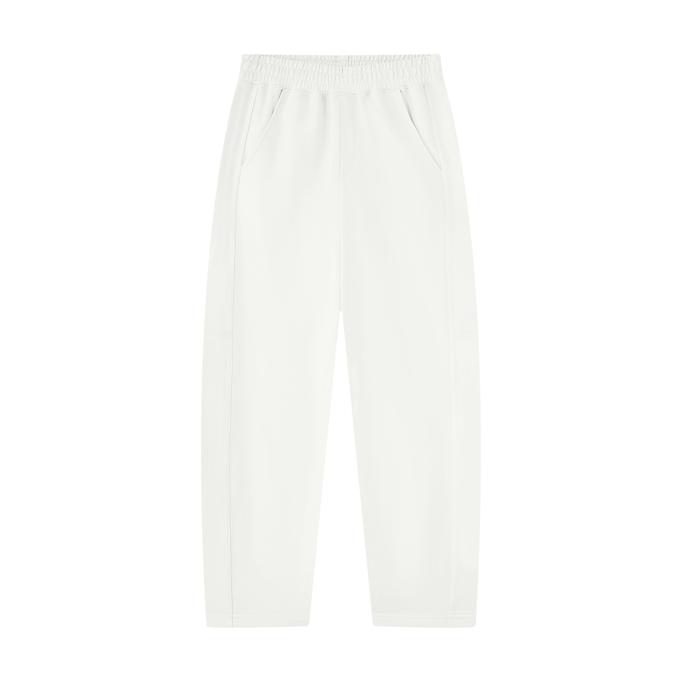 White unisex sweatpants with elastic waistband and tapered straight hem.