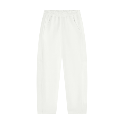 White unisex sweatpants with elastic waistband and tapered straight hem.
