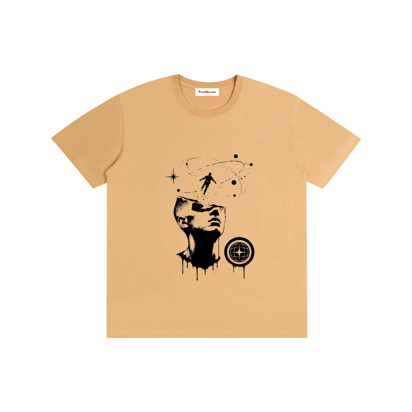 Unisex cotton T-shirt, tan, front graphic print with portrait and dreamcatcher-style motif