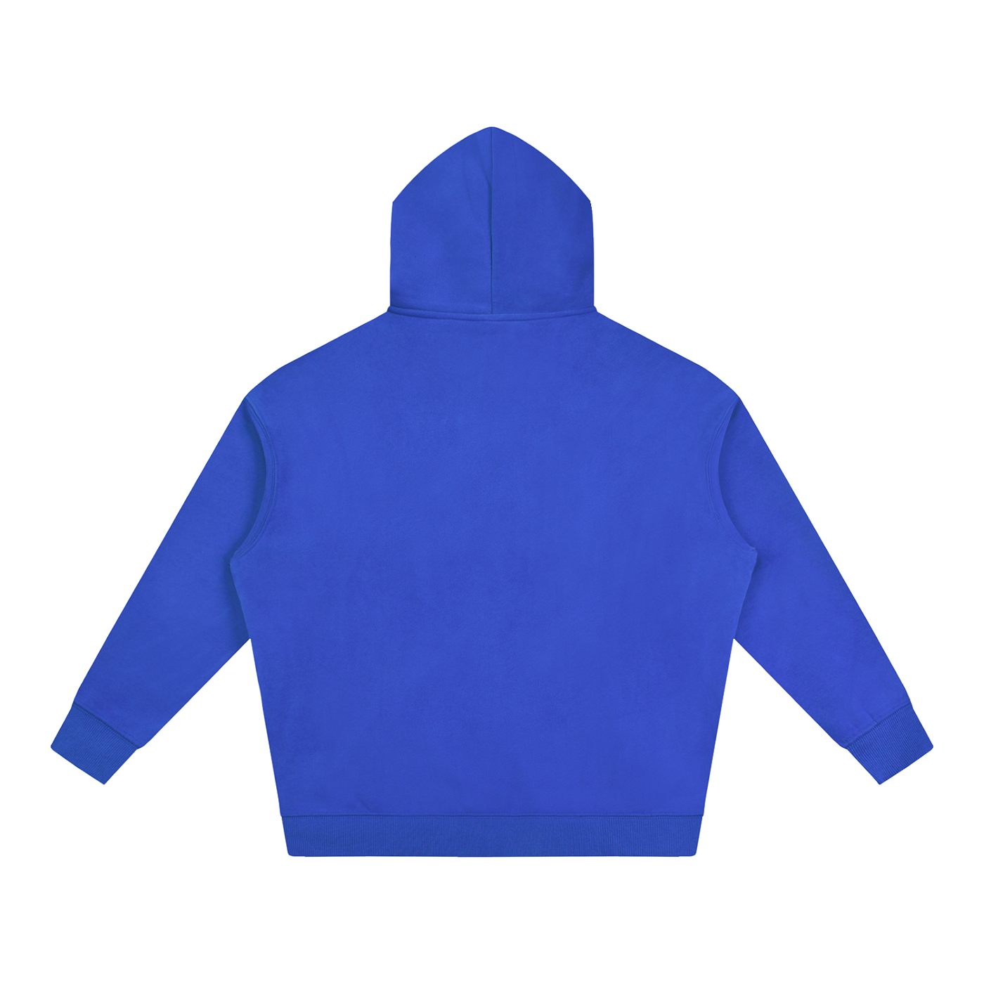 Oversize fleece pullover hoodie in royal blue, back view with hood and long sleeves