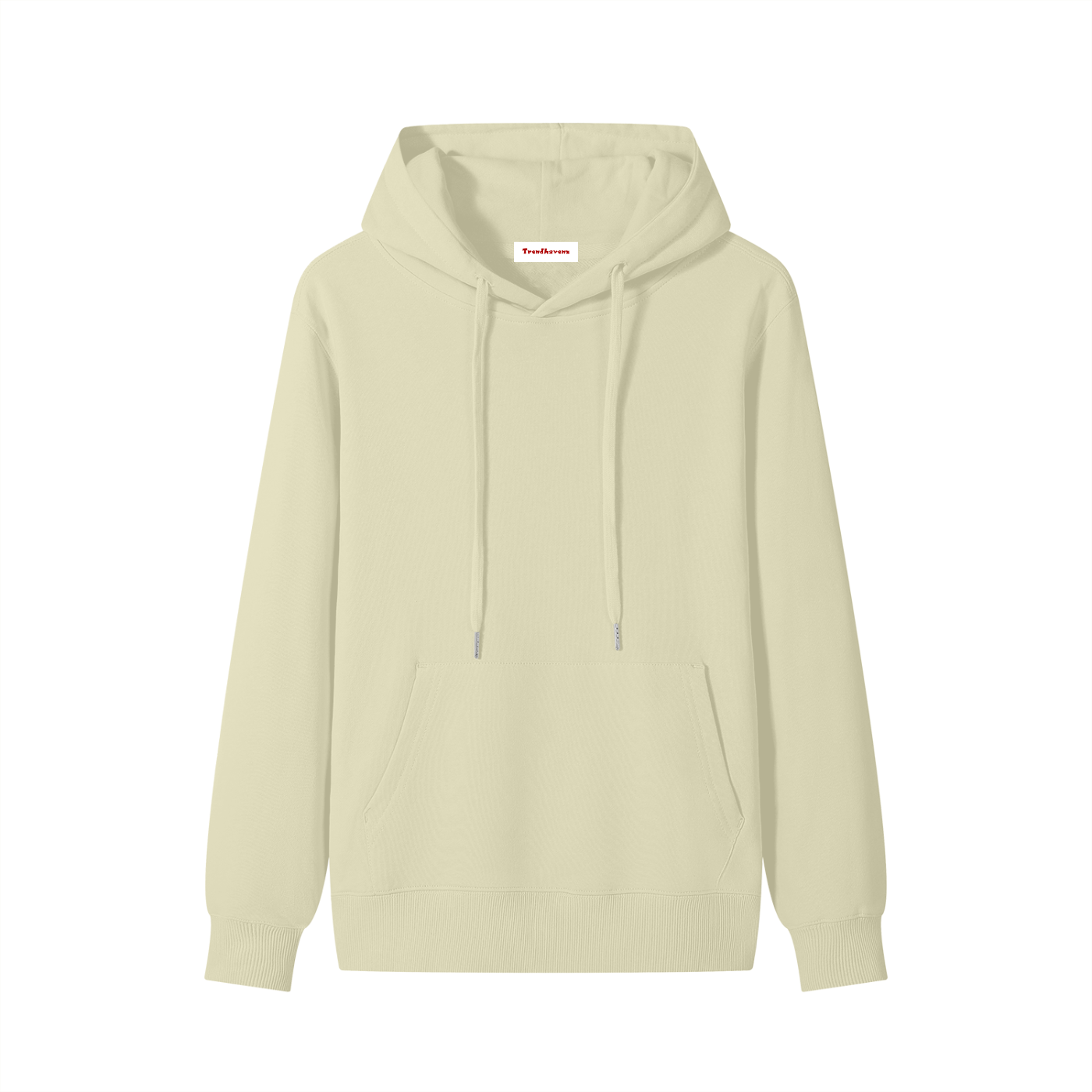 Unisex cotton hoodie, light beige color, front view with drawstring hood