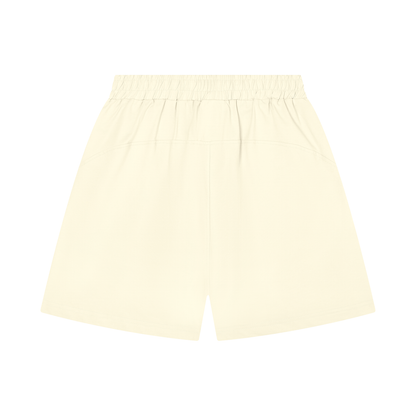 Cream cotton shorts with elastic waist and roomy straight leg opening