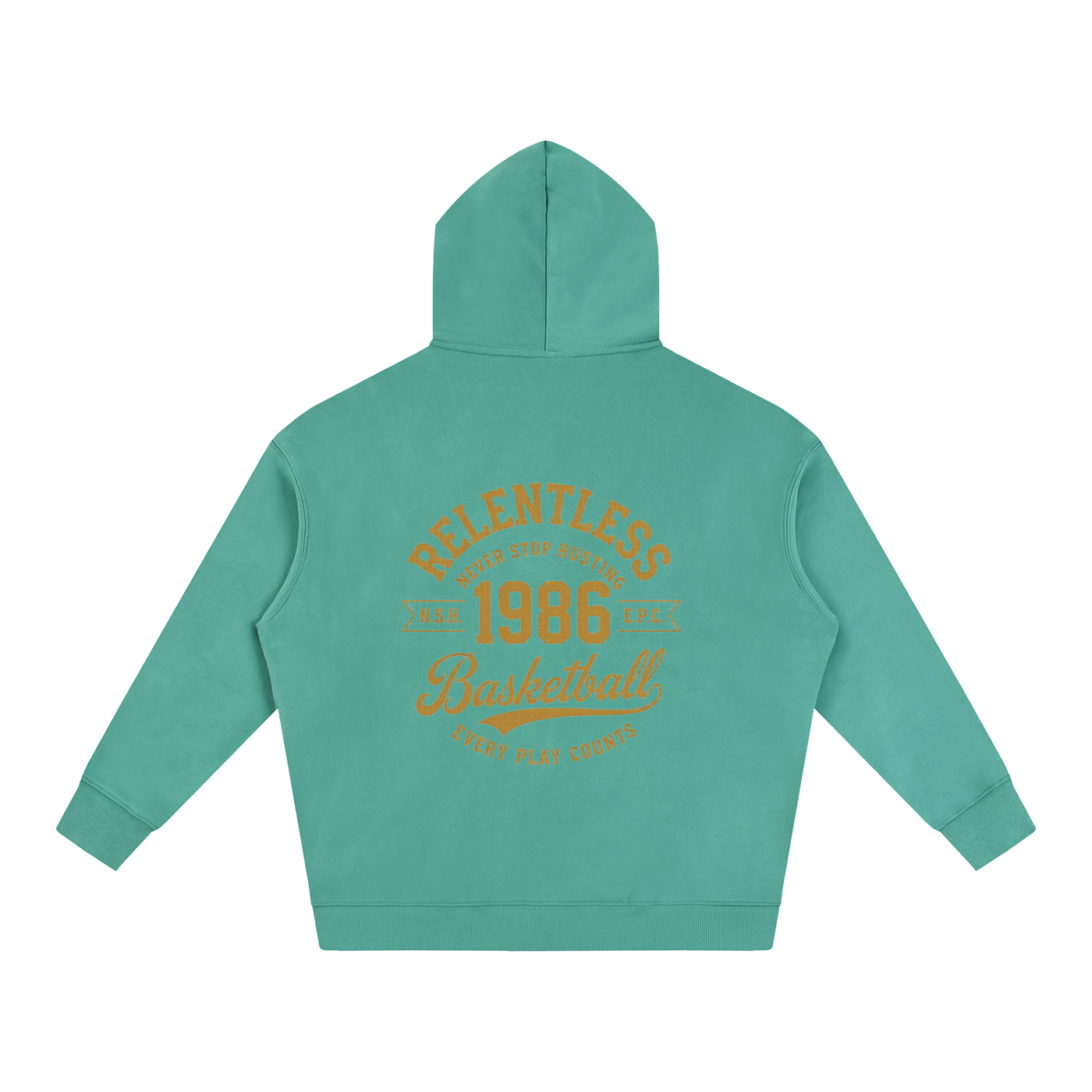 Oversize fleeced hoodie, green; back features large “Relentless 1968 Basketball” graphic