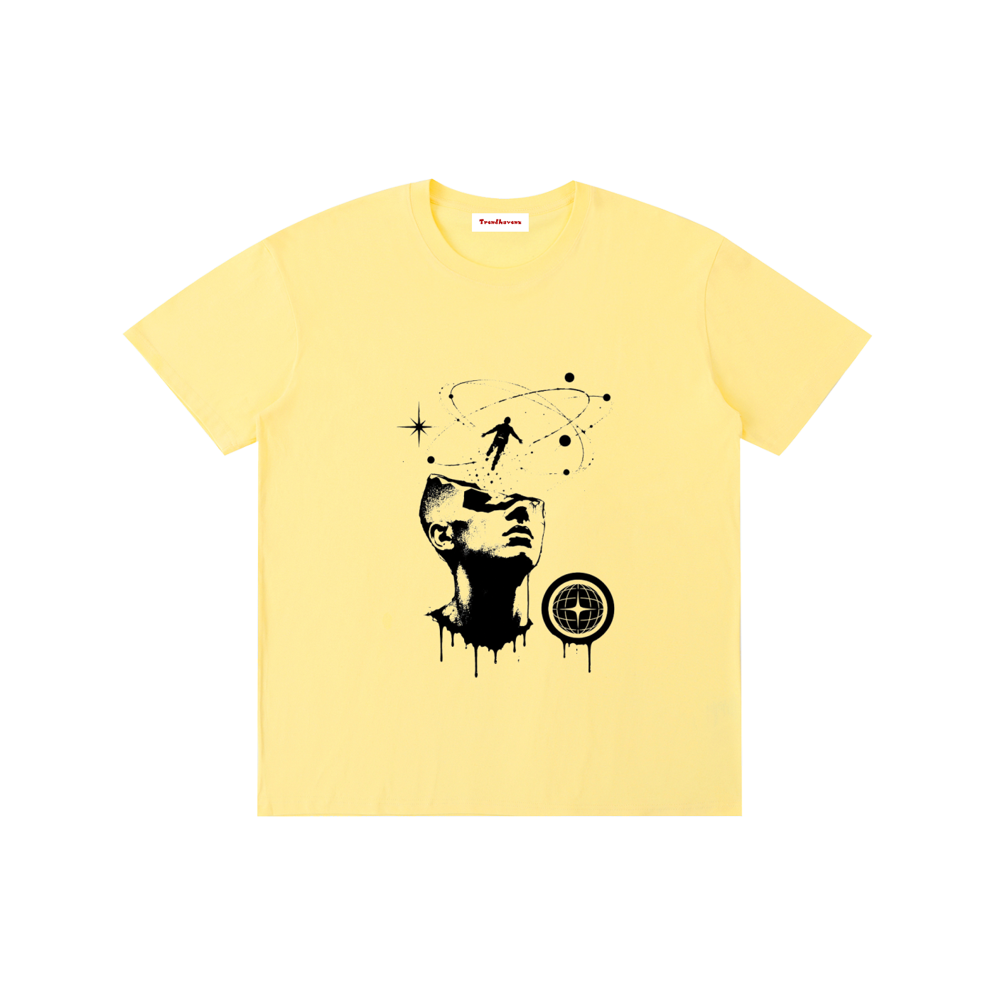 Unisex cotton T-shirt, pale yellow, front graphic print with portrait and dreamcatcher-style motif