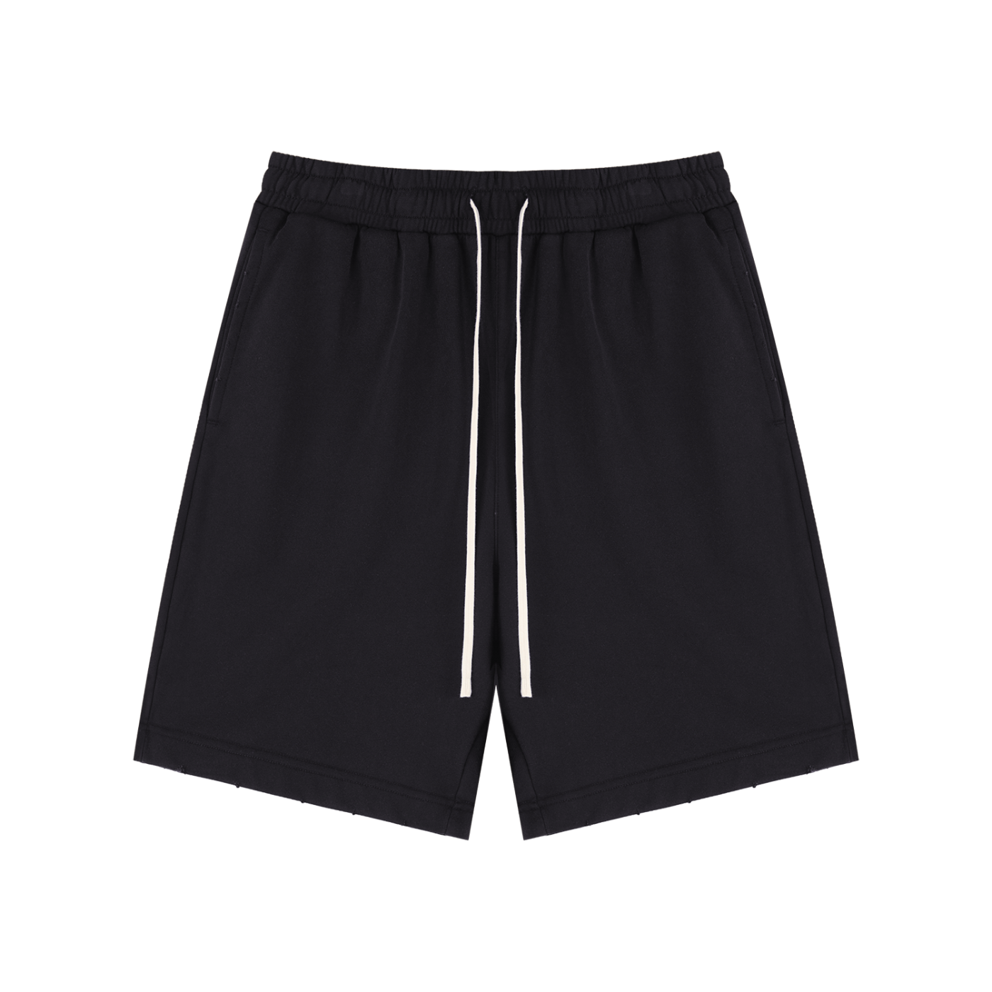 Washed black unisex drawstring shorts with elastic waist and white drawcords