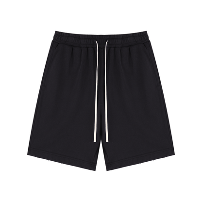 Washed black unisex drawstring shorts with elastic waist and white drawcords