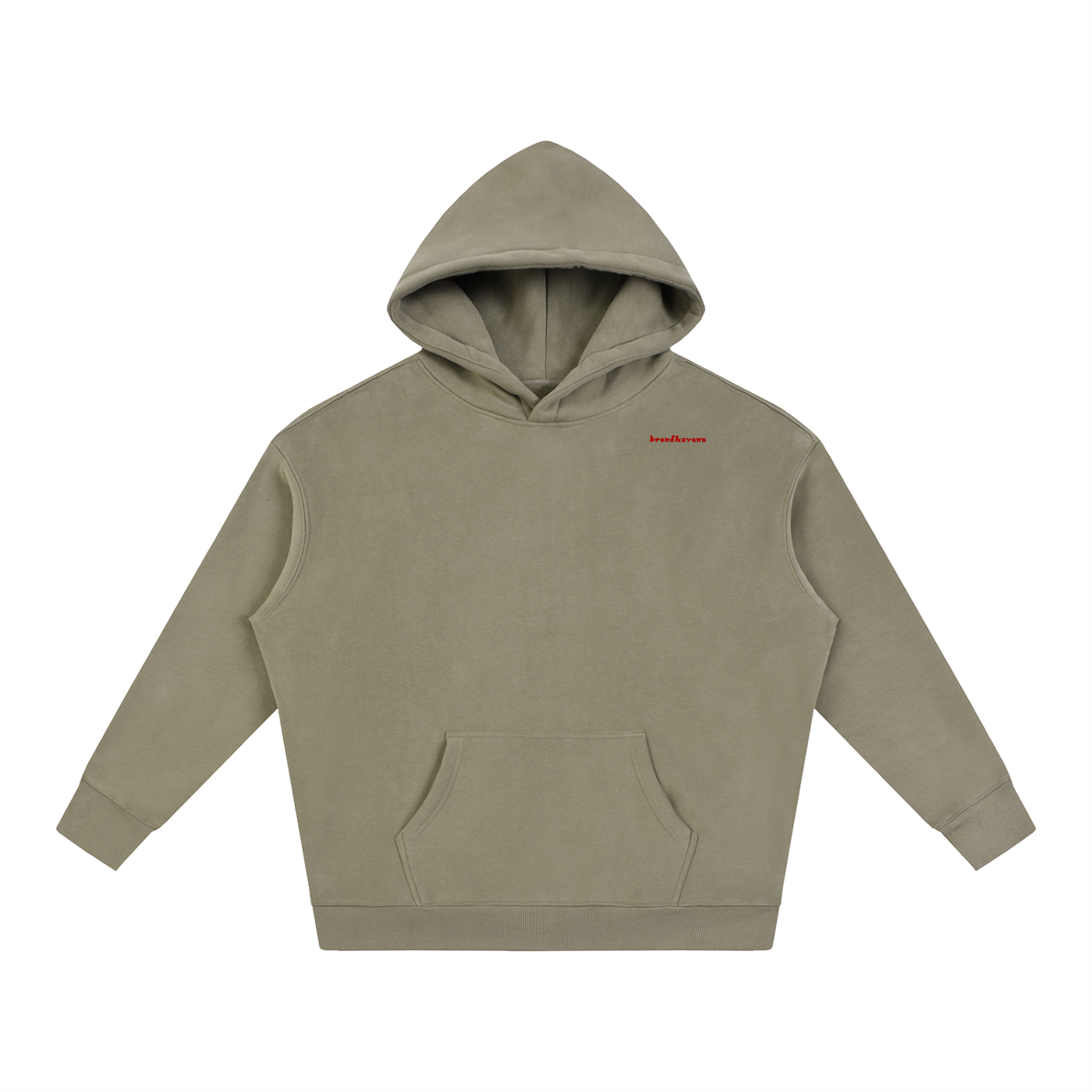 Oversize fleeced hoodie, olive/khaki with hood and kangaroo pocket; small chest logo