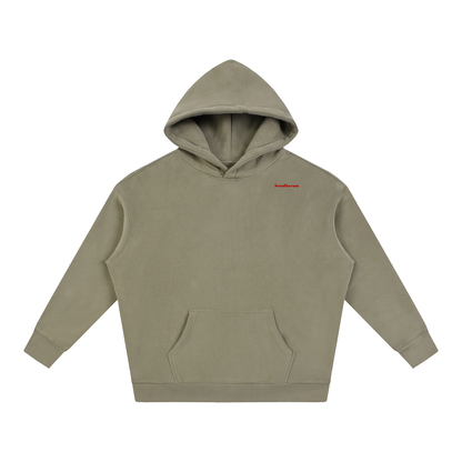 Oversize fleeced hoodie, olive/khaki with hood and kangaroo pocket; small chest logo
