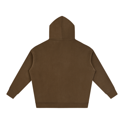 Oversized fleece pullover hoodie in brown, back view with hood