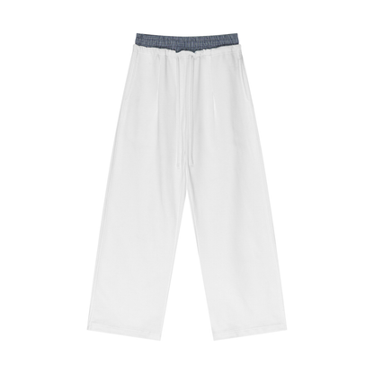 White wide-leg pants with elastic waistband and plaid contrast trim