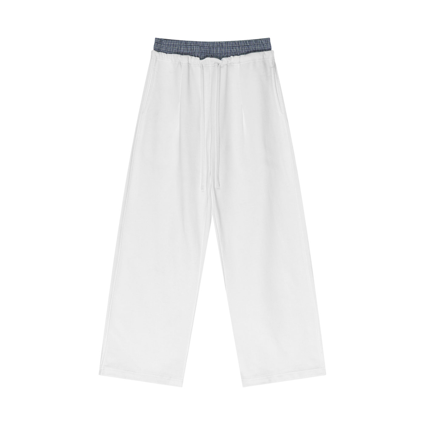 Plaid-contrast waist pants in white, wide-leg pull-on style with elastic waistband