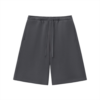 Charcoal gray heavyweight fleece shorts, elastic waistband with drawstring, front view