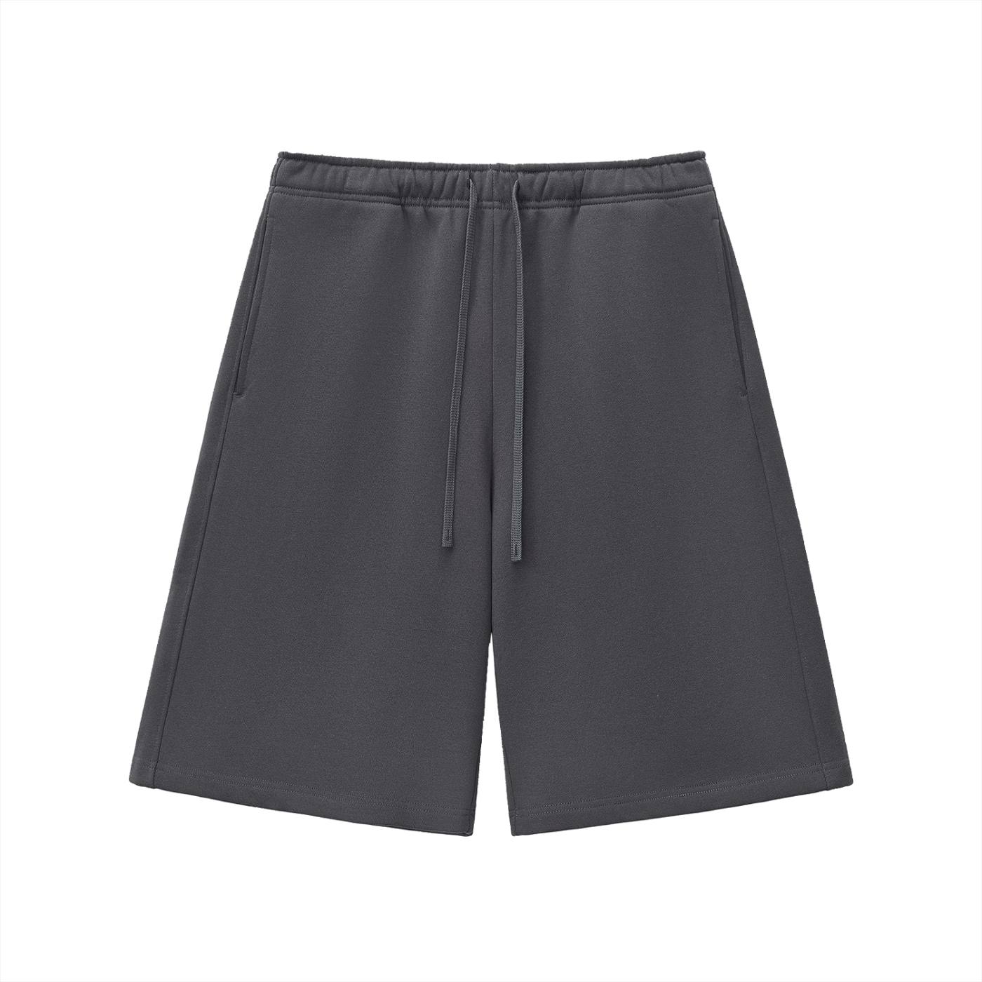 Unisex heavyweight fleece shorts, charcoal gray, front view with drawstring waist