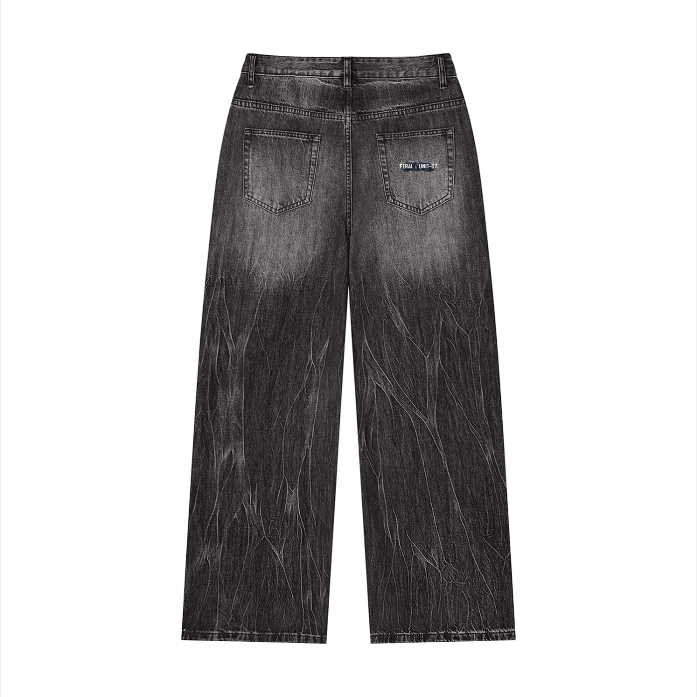 Men's black wide-leg jeans with back pockets and vintage wash texture