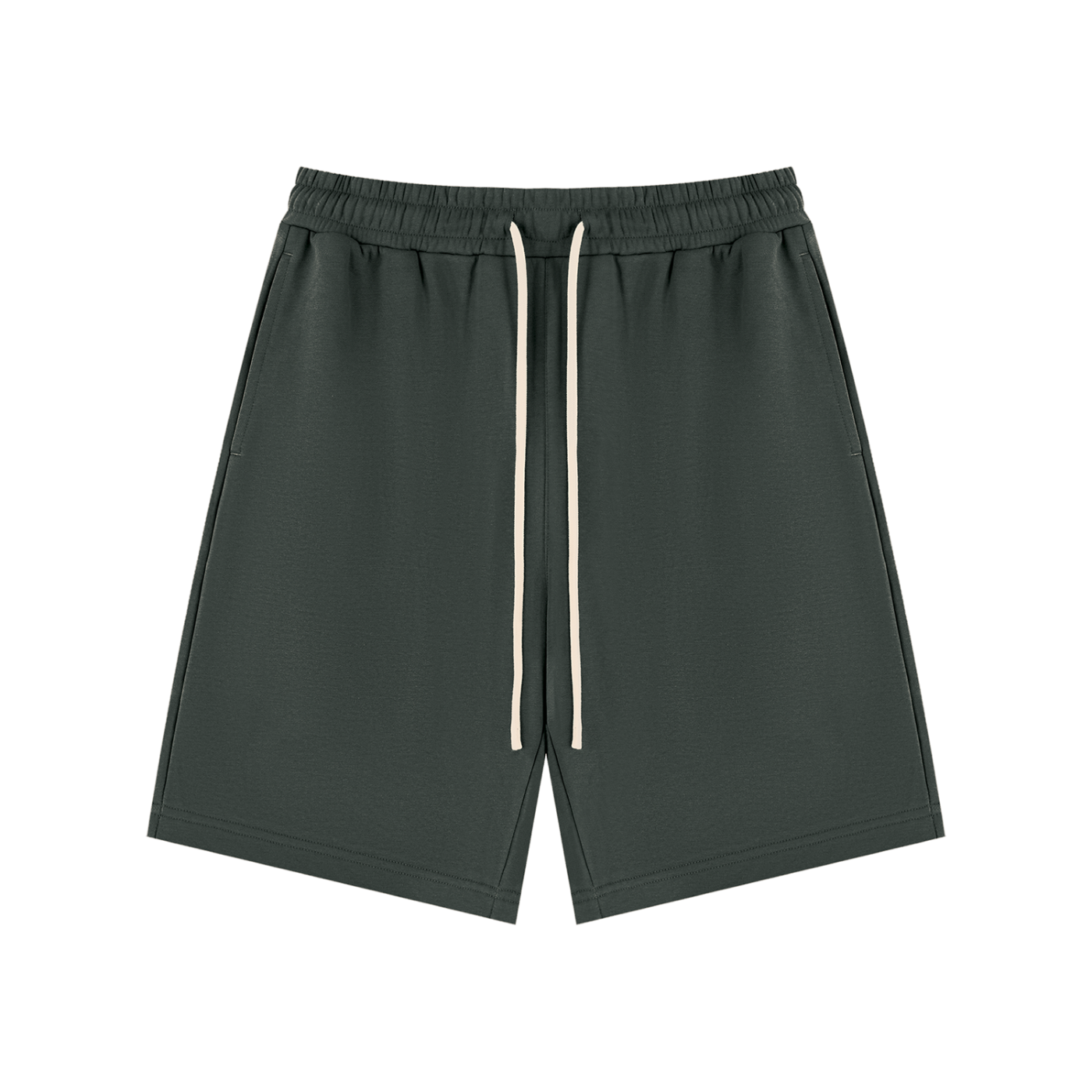 Dark green unisex drawstring shorts, front view with elastic waist and white drawcords