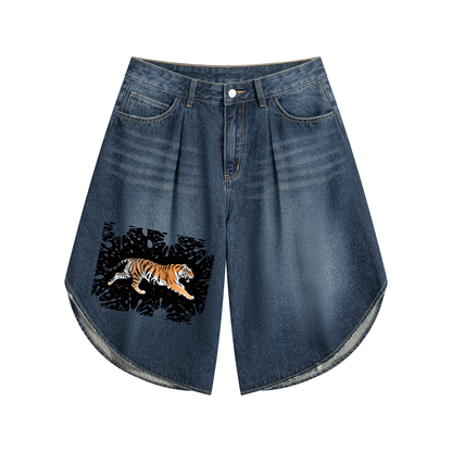 Dark blue wide-leg denim shorts with tiger graphic on left leg