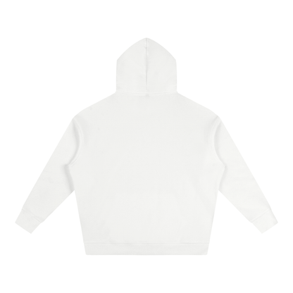 White oversize fleece hoodie, back view with hood and long sleeves.