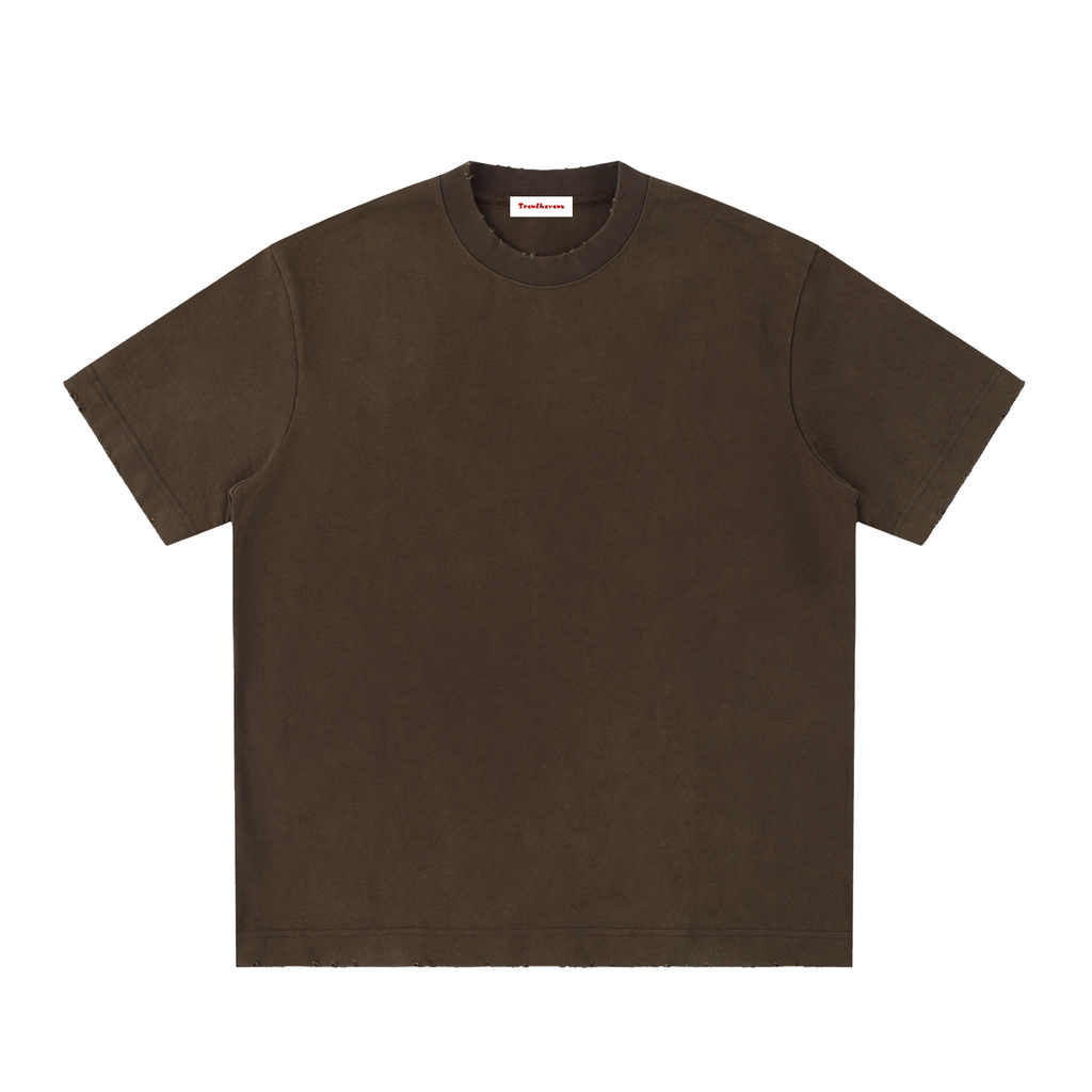 Washed crewneck t-shirt in dark brown, short sleeves, plain front.