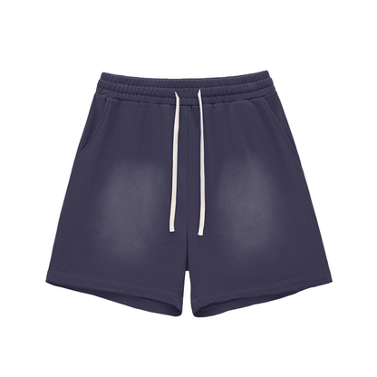 Navy blue cotton shorts with elastic waistband, drawstring, straight hems