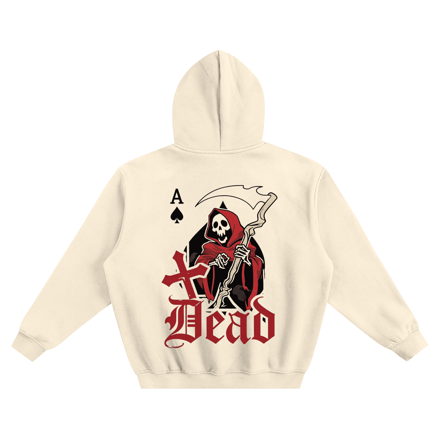 Boxy fleece hoodie, cream, back large skeleton playing-card graphic