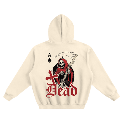 Boxy fleece hoodie, cream, back large skeleton playing-card graphic