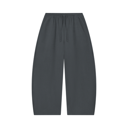 Charcoal dark gray barrel-leg pants with elastic waistband and drawstring