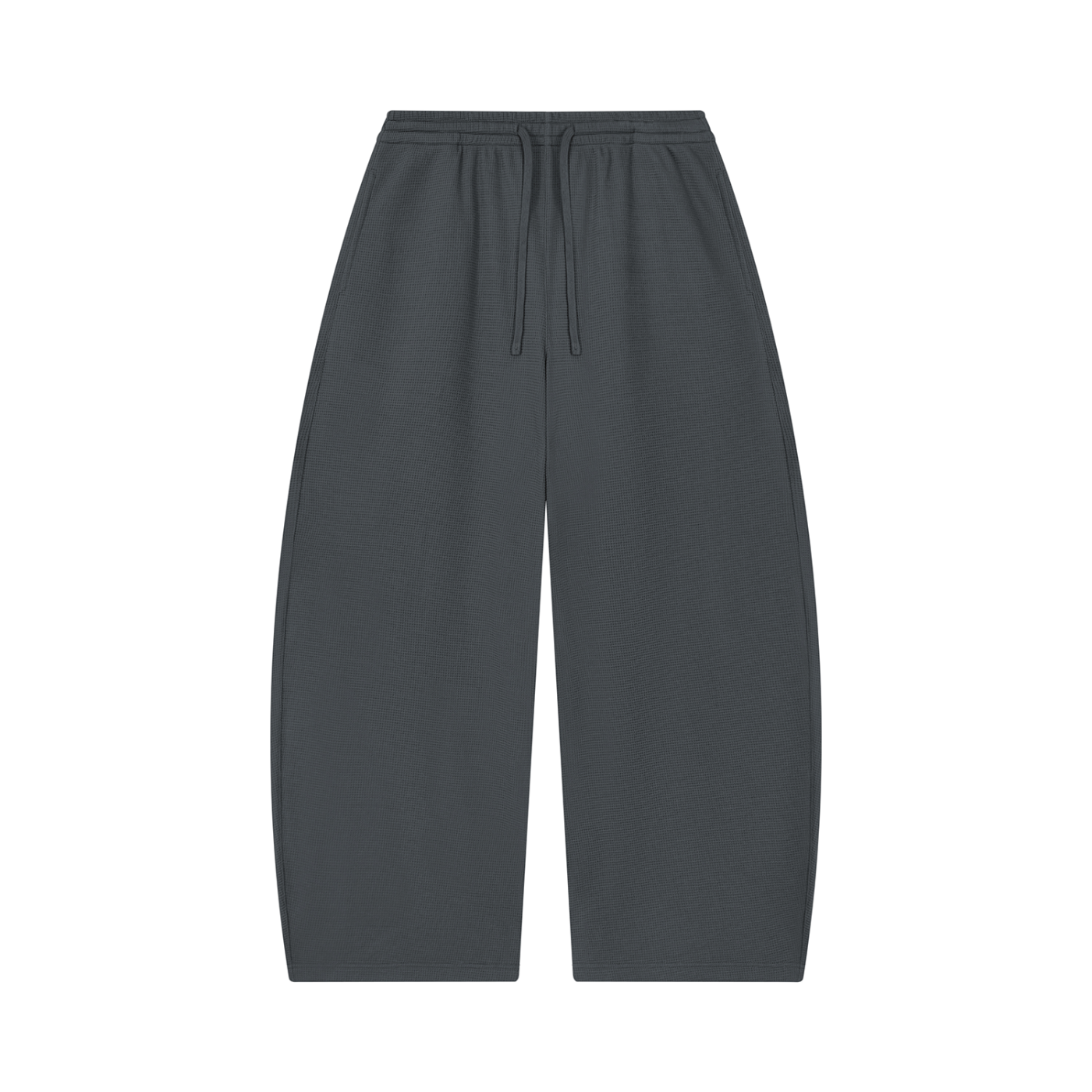 Unisex barrel-leg pants in dark charcoal with elastic waistband and drawstring