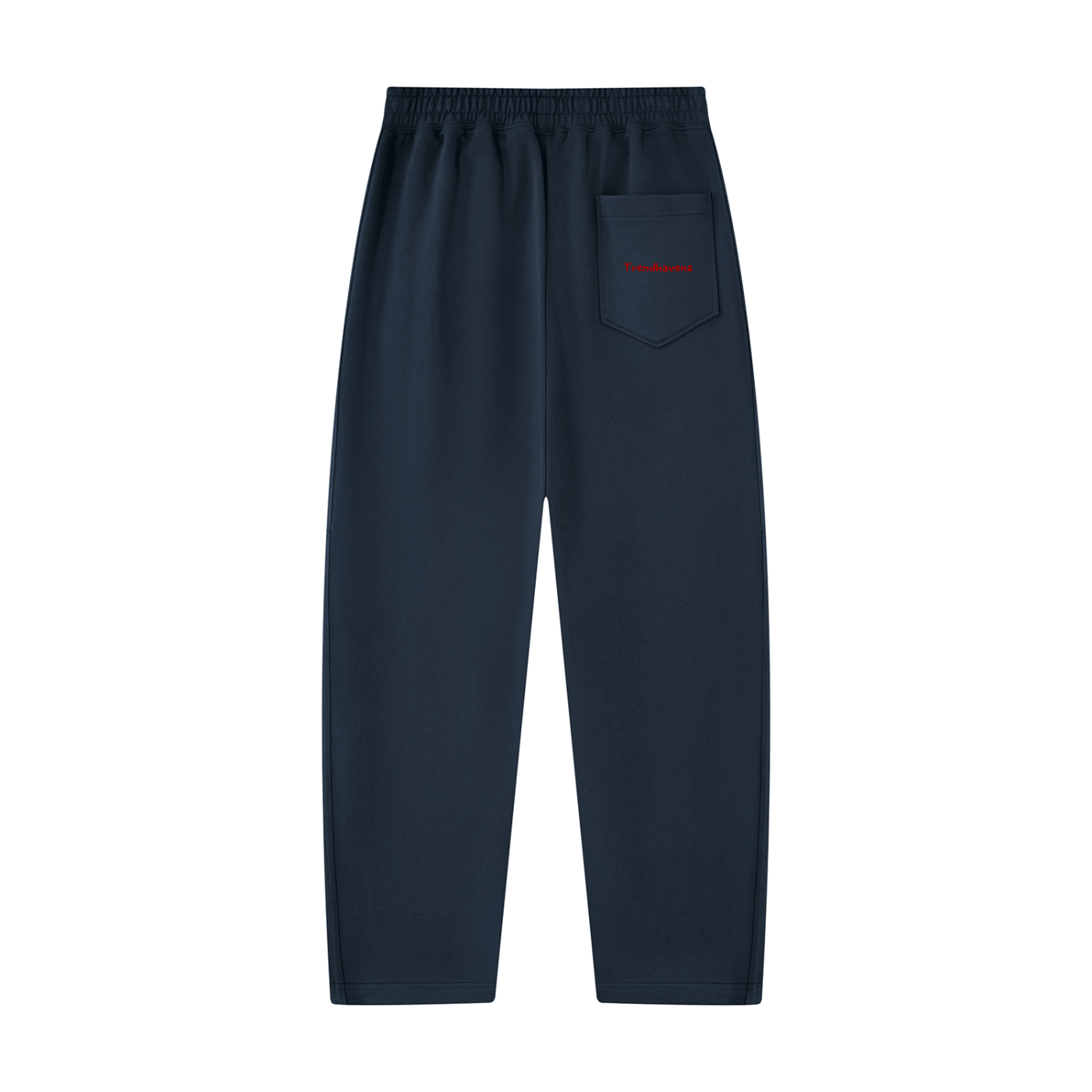 Unisex tapered straight hem sweatpants, navy blue, elastic waistband, front pocket with red logo