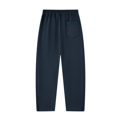 Unisex tapered straight hem sweatpants, navy blue, elastic waistband, front pocket with red logo