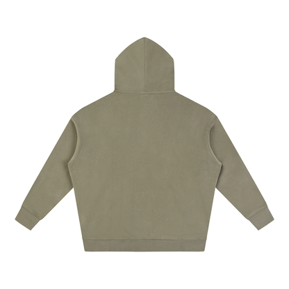 Oversize fleeced hoodie, taupe, back view with hood and kangaroo pocket
