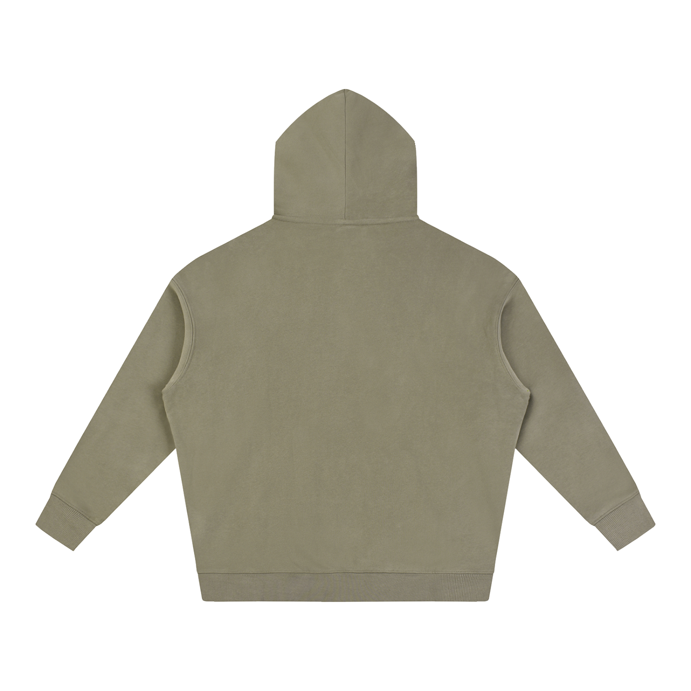 Oversize fleece pullover hoodie in olive brown, back view with hood and long sleeves