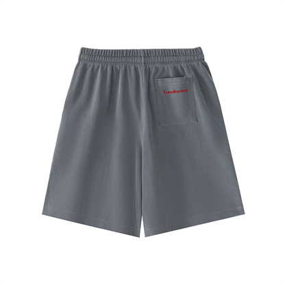 Dark gray cotton shorts with elastic waist and drawstring, side chest pocket