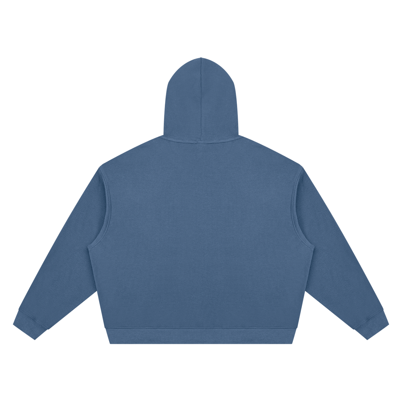 Unisex waffle boxy hoodie, blue, pullover hood and kangaroo pocket; back view
