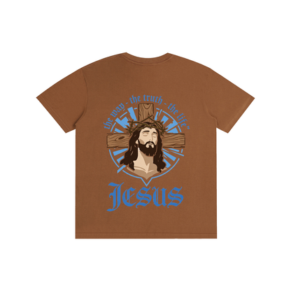 Unisex cotton T-shirt, caramel brown, Jesus logo with blue sunburst