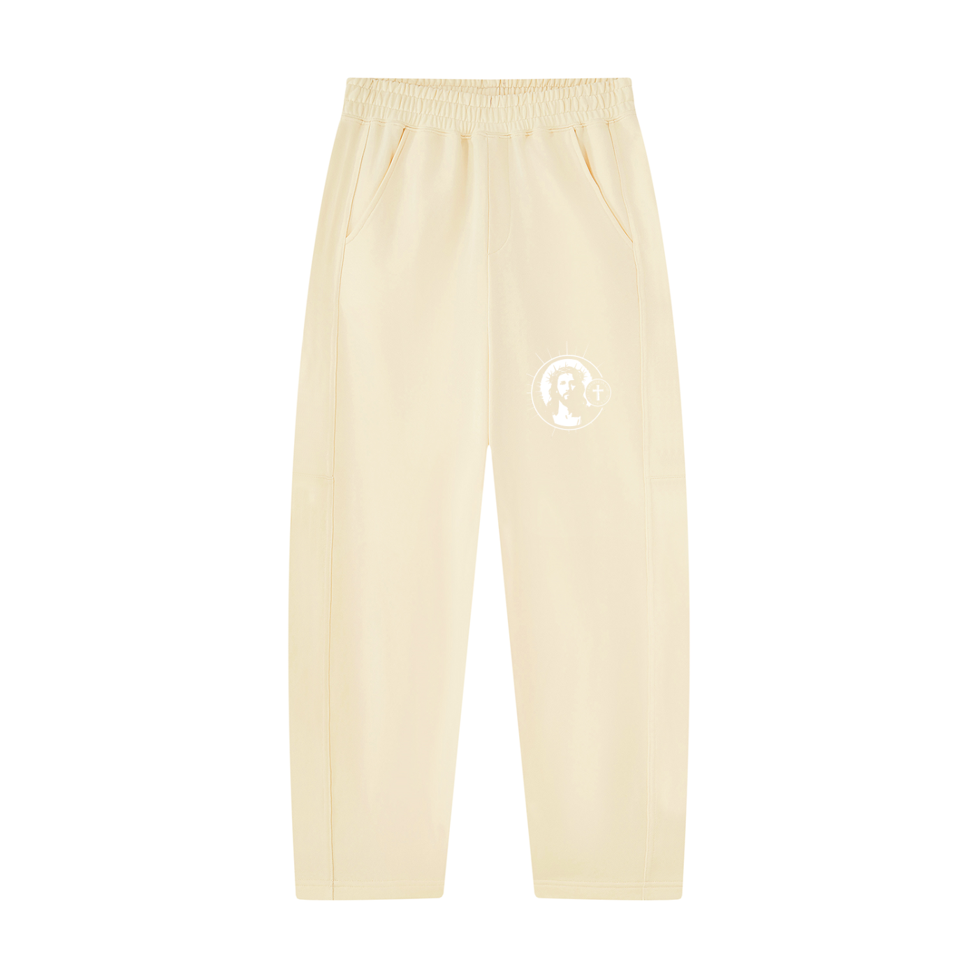 Light apricot unisex tapered straight hem sweatpants, elastic waist, circular logo on leg, side pockets