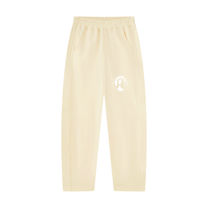 Light apricot unisex tapered straight hem sweatpants, elastic waist, circular logo on leg, side pockets