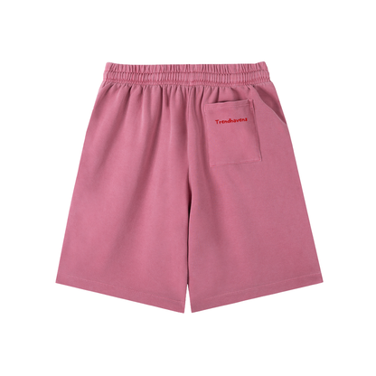 Pink cotton shorts with elastic waist and drawstring, featuring a side chest pocket