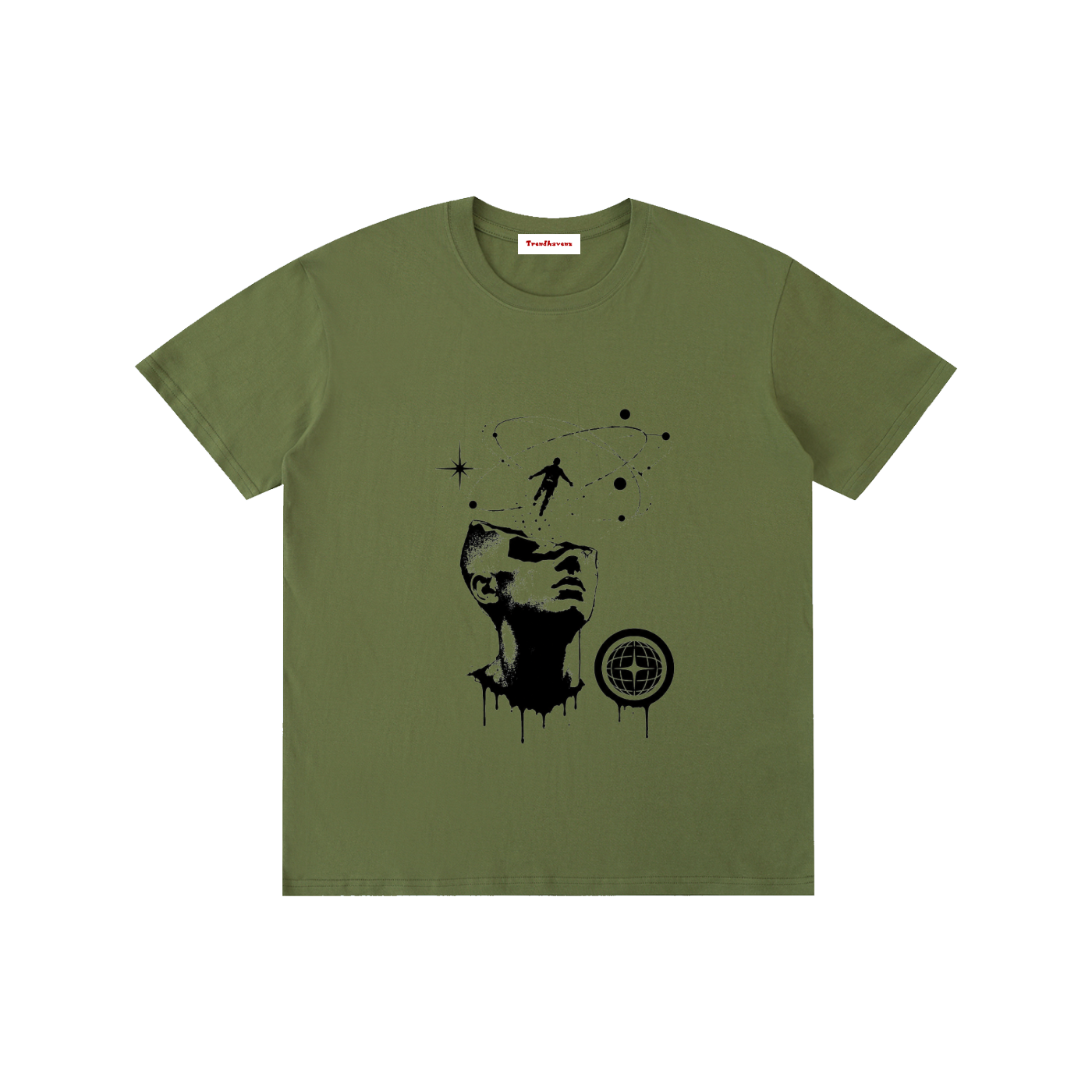 Unisex cotton T-shirt, army green, front graphic print with portrait and dreamcatcher-style motif